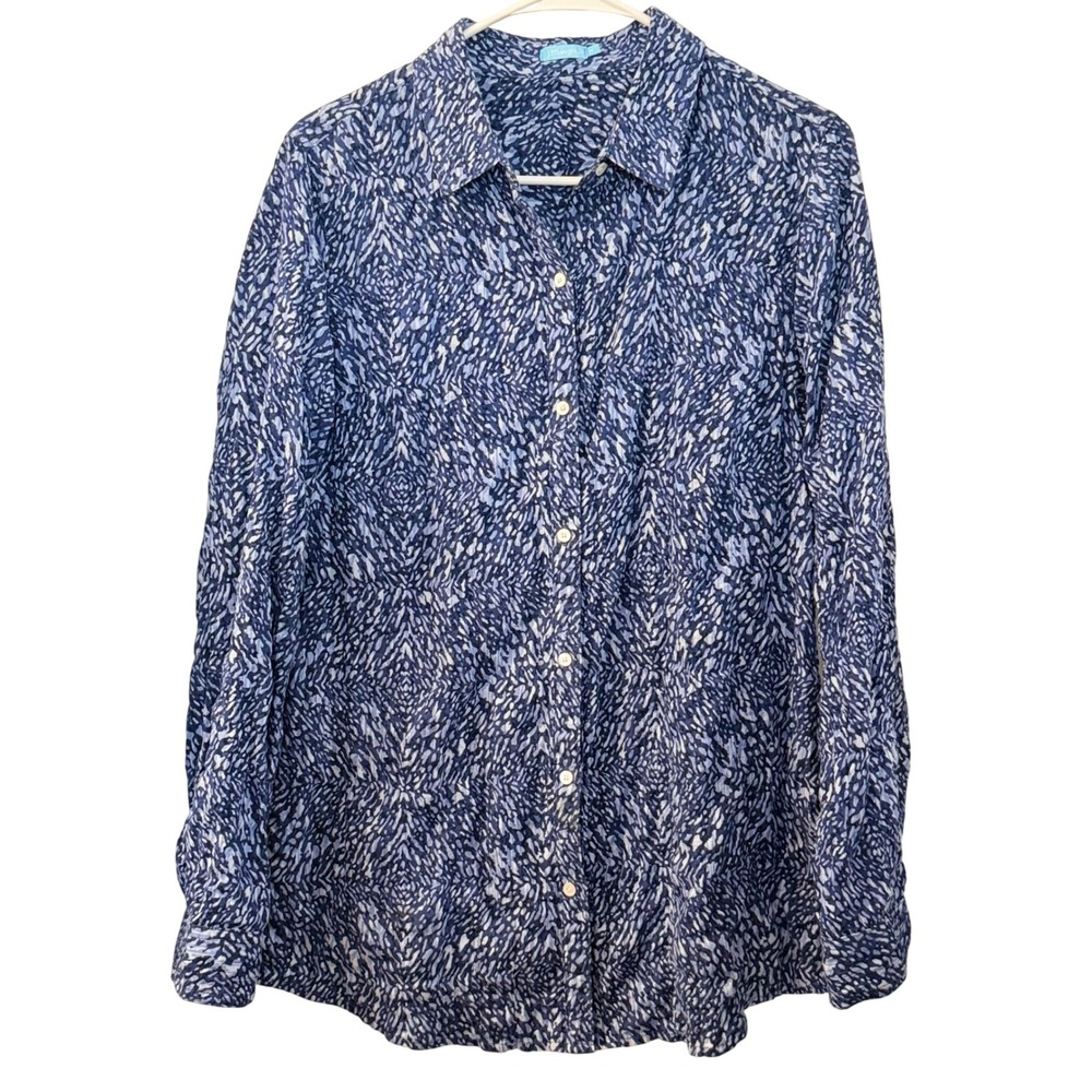 J. McLaughlin Women Blue Print Button Down Shirt Long Sleeve Cotton Blend Size M